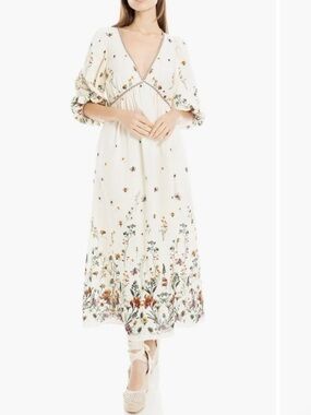 Max studio Ivory linen blend Floral v neck Maxi Dress with Puff Sleeves